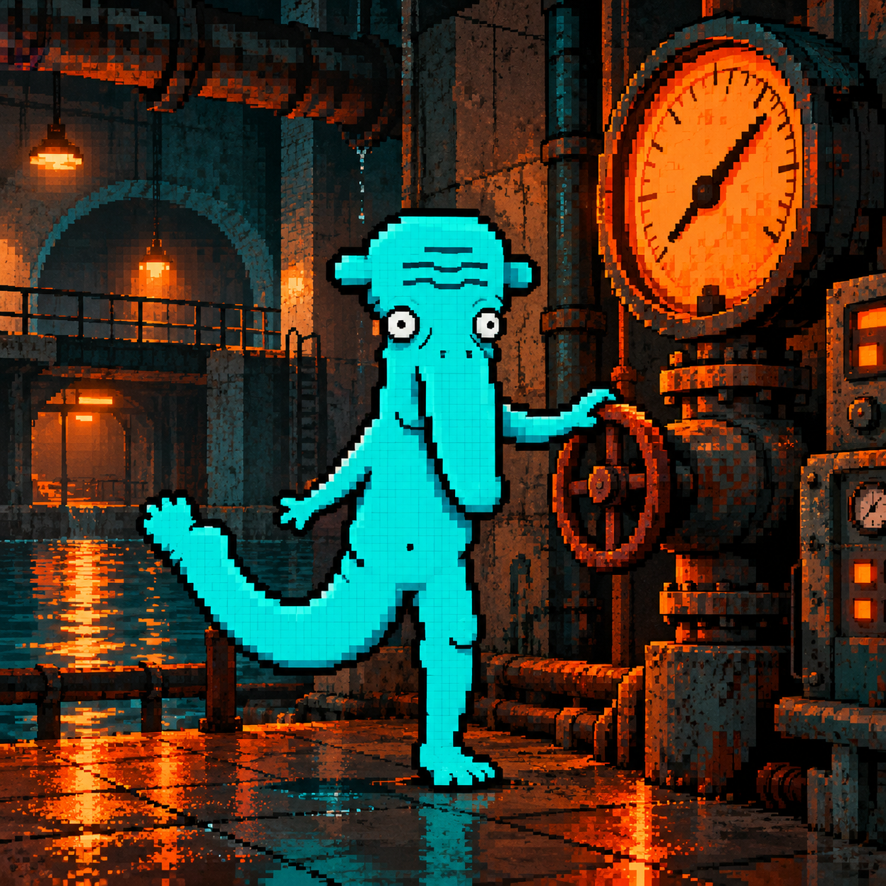 Spirit of Tank touches a valve beside a glowing orange gauge in an underground control room